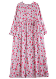 Fine Pink O-Neck Print Patchwork Long Dress Spring