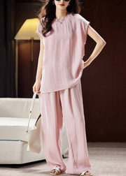 Fine Pink O-Neck Top And Wide Leg Pants Silk Linen Two Pieces Set Summer