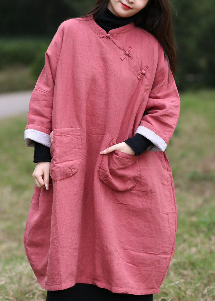 Fine Pink Oriental Button Oversized Pockets Cotton Filled Dress Spring