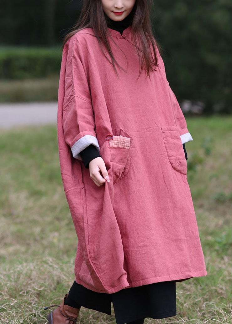 Fine Pink Oriental Button Oversized Pockets Cotton Filled Dress Spring