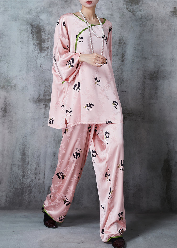 Fine Pink Panda Print Jacquard Silk Oriental Two Piece Set Summer