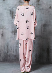 Fine Pink Panda Print Jacquard Silk Oriental Two Piece Set Summer