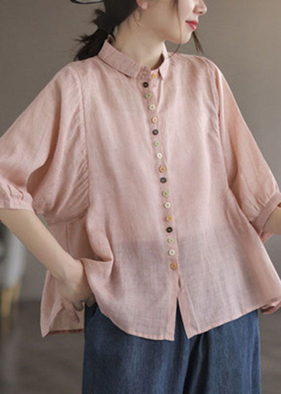 Fine Pink Peter Pan Collar Patchwork Button Linen Shirt Summer