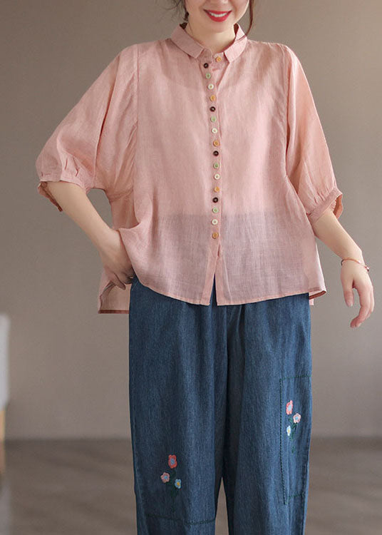 Fine Pink Peter Pan Collar Patchwork Button Linen Shirt Summer