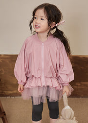 Fine Pink Peter Pan Collar Tulle Patchwork Girls Coats Lantern Sleeve