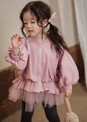 Fine Pink Peter Pan Collar Tulle Patchwork Girls Coats Lantern Sleeve