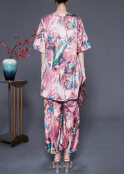 Fine Pink Print Low High Design Chiffon Two Pieces Set Summer