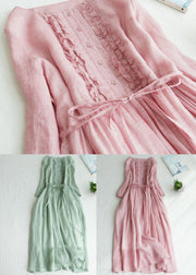 Fine Pink Ruffled Tie Waist Patchwork Linen Dress Summer