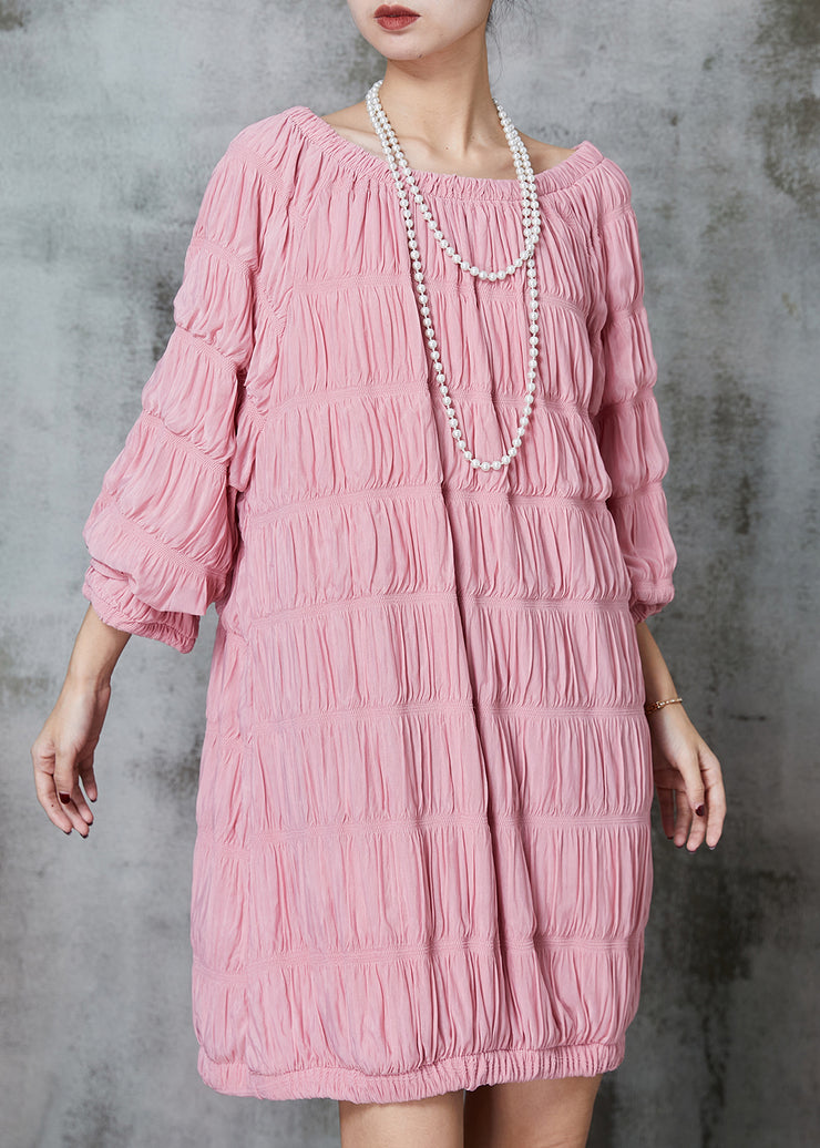 Fine Pink Slash Neck Wrinkled Cotton Mid Dress Spring