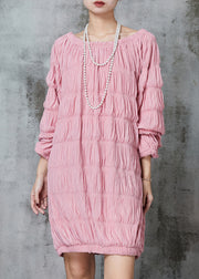 Fine Pink Slash Neck Wrinkled Cotton Mid Dress Spring