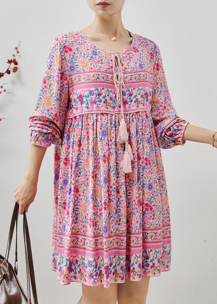 Fine Pink Tasseled Print Cotton Beach Dresses Fall