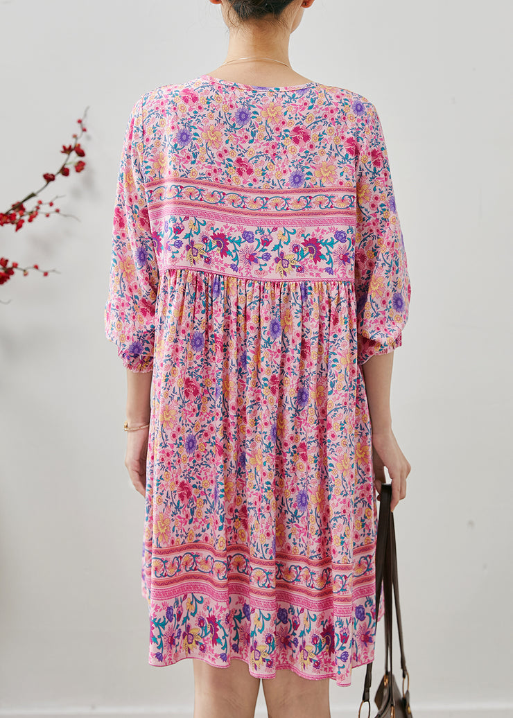 Fine Pink Tasseled Print Cotton Beach Dresses Fall