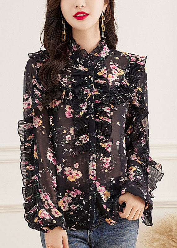 Fine Pink Turtleneck Print Button Chiffon Top Long Sleeve