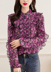 Fine Pink Turtleneck Print Button Chiffon Top Long Sleeve