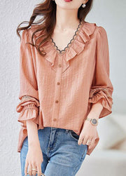 Fine Pink V Neck Ruffled Hollow Out Lace Patchwork Cotton Shirt Spring