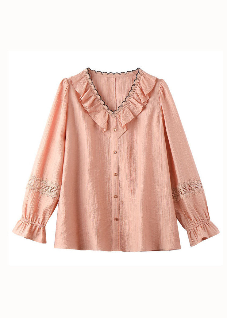 Fine Pink V Neck Ruffled Hollow Out Lace Patchwork Cotton Shirt Spring