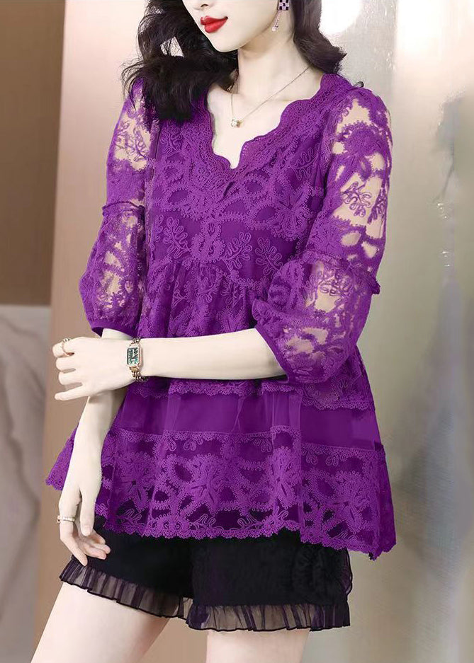 Fine Purple Embroideried Hollow Out Tulle Top Bracelet Sleeve