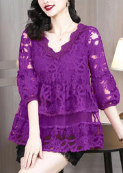 Fine Purple Embroideried Hollow Out Tulle Top Bracelet Sleeve