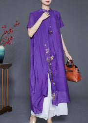 Fine Purple Embroideried Side Open Linen Silk Dresses Summer