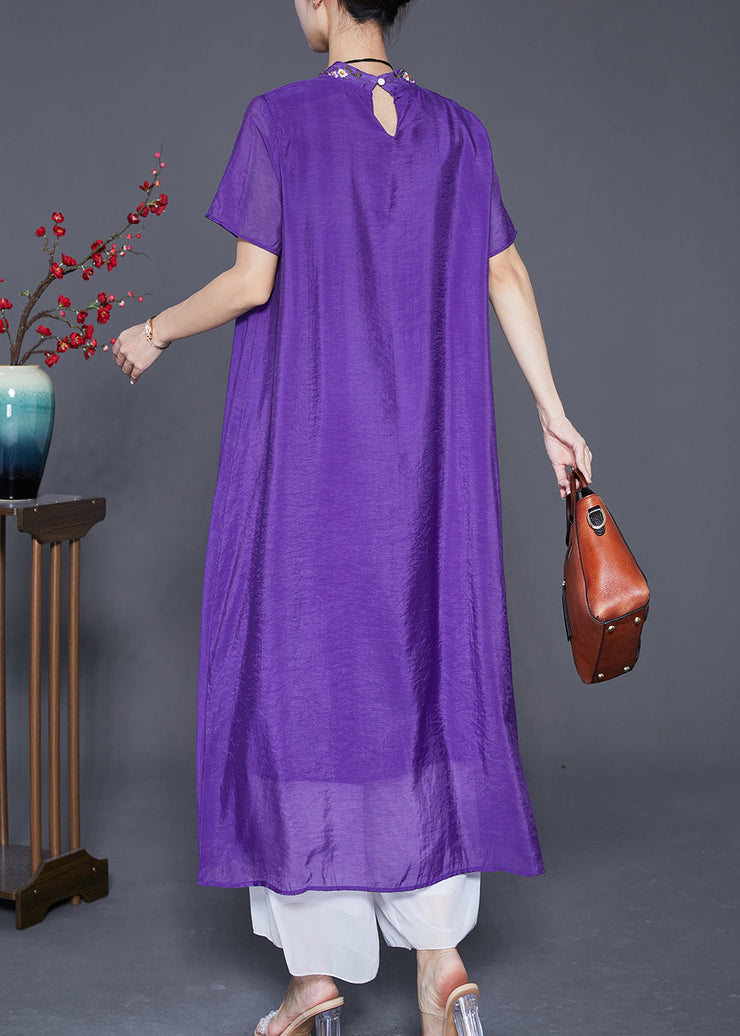 Fine Purple Embroideried Side Open Linen Silk Dresses Summer