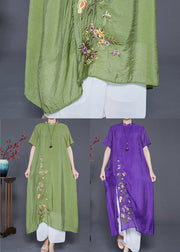 Fine Purple Embroideried Side Open Linen Silk Dresses Summer