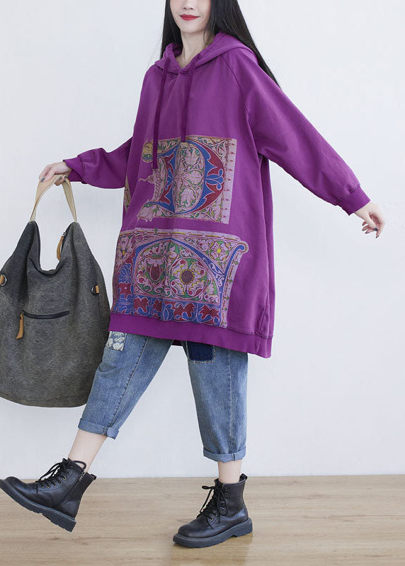 Fine Purple Hooded Print Cotton Mid Dress Spring