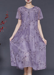 Fine Purple Print Chiffon Holiday Dress Summer