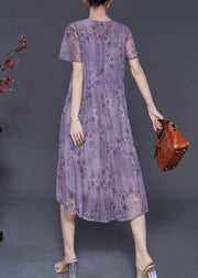 Fine Purple Print Chiffon Holiday Dress Summer