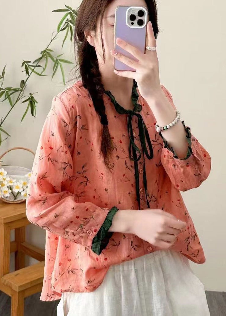 Fine Purple Ruffled Print Lace Up Patchwork Linen Blouses Fall