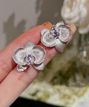 Fine Purple Sterling Silver Crystal Butterfly Orchid Stud Earrings