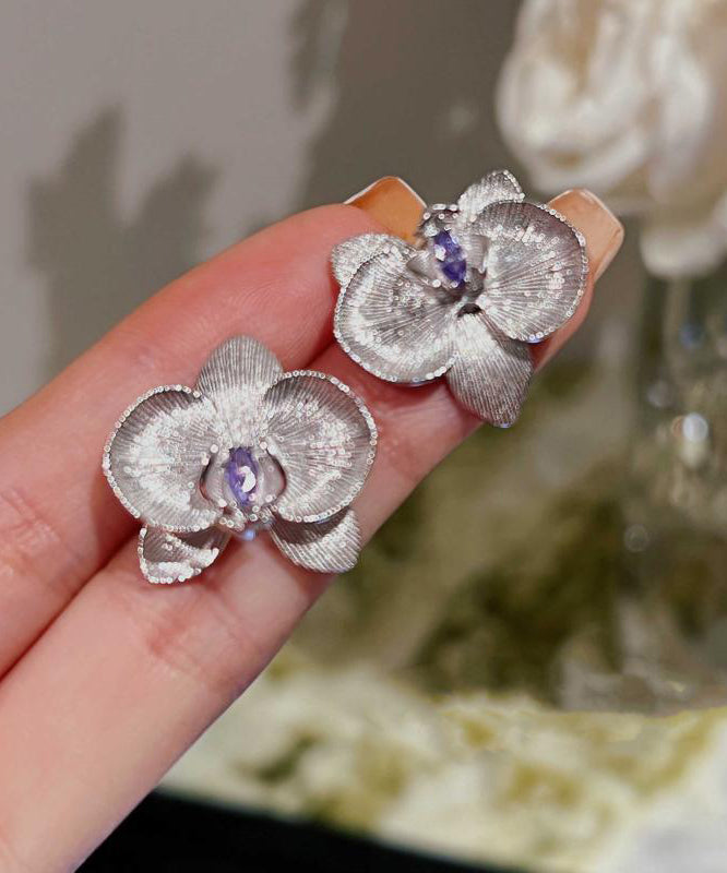 Fine Purple Sterling Silver Crystal Butterfly Orchid Stud Earrings