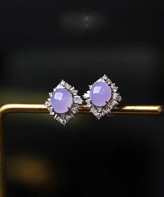 Fine Purple Sterling Silver Inlaid Zircon Jade Stud Earrings