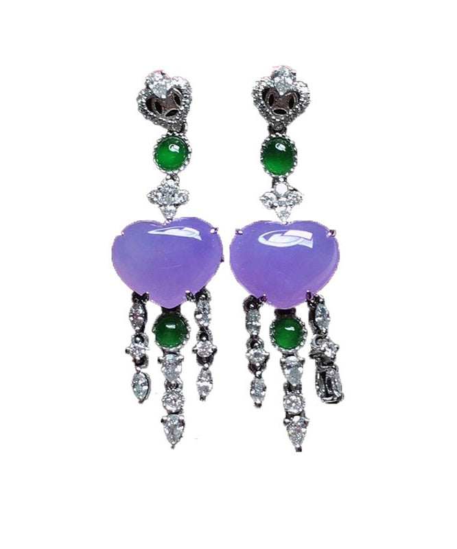 Fine Purple Sterling Silver Inlaid Zircon Love Jade Tassel Drop Earrings