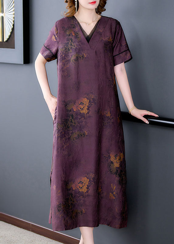 Fine Purple V Neck Print Patchwork Silk Long Dresses Summer