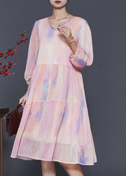 Fine Rainbow Sequins Tie Dye Silk Maxi Dresses Lantern Sleeve