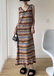 Fine Rainbow Striped V Neck Knit Long Dresses Sleeveless