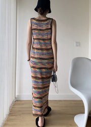 Fine Rainbow Striped V Neck Knit Long Dresses Sleeveless