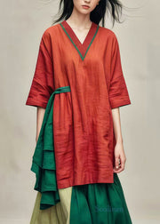 Fine Red Asymmetrical Patchwork Cotton Shirt Tops Summer