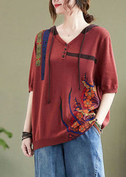 Fine Red Hooded V Neck Print Knit Top Half Sleeve