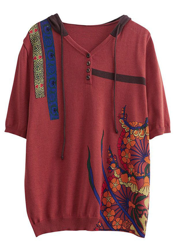 Fine Red Hooded V Neck Print Knit Top Half Sleeve