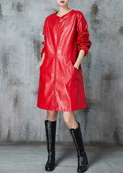 Fine Red O-Neck Patchwork Faux Leather Trench Spring