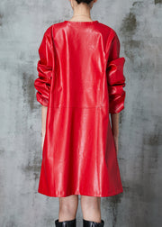 Fine Red O-Neck Patchwork Faux Leather Trench Spring