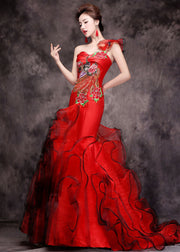 Fine Red One Shoulder Embroidered Patchwork Tulle Fishtail Long Dress Summer