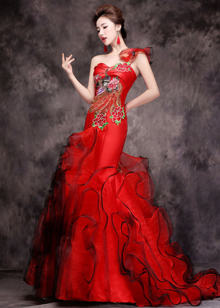 Fine Red One Shoulder Embroidered Patchwork Tulle Fishtail Long Dress Summer