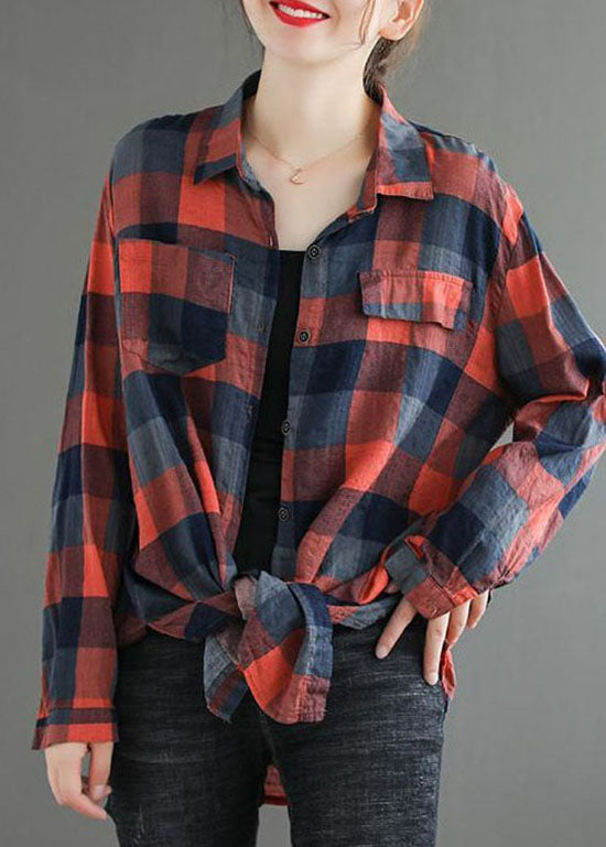 Fine Red Peter Pan Collar Plaid Pockets Cotton Shirts Top Spring