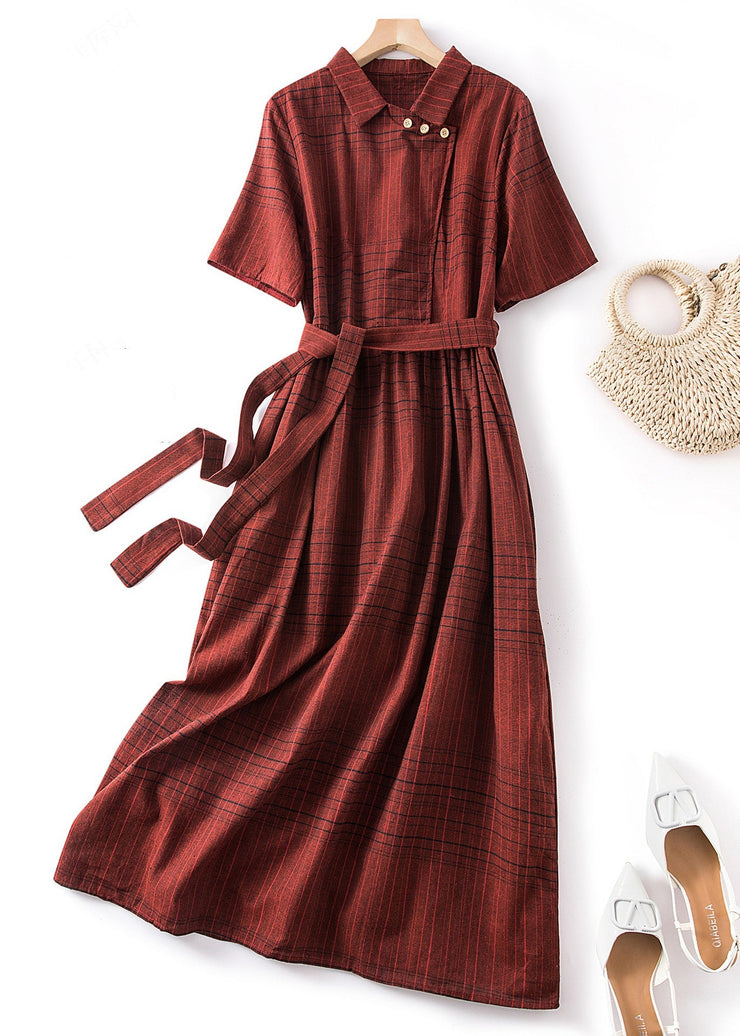 Fine Red Peter Pan Collar Plaid Tie Waist Linen Dresses Summer