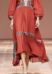 Fine Red Print Wrinkled Maxi Dress Fall