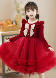 Fine Red Ruffled Patchwork Tulle Baby Girls Princess Dress Fall