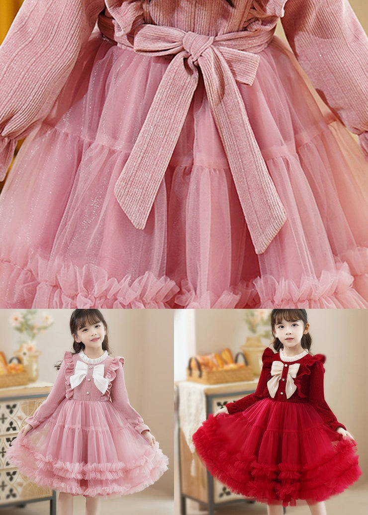 Fine Red Ruffled Patchwork Tulle Baby Girls Princess Dress Fall