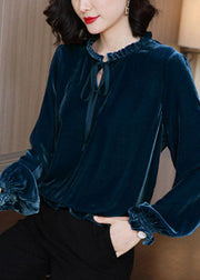 Fine Red Ruffled Solid Lace Up Silk Velour Shirts Long Sleeve